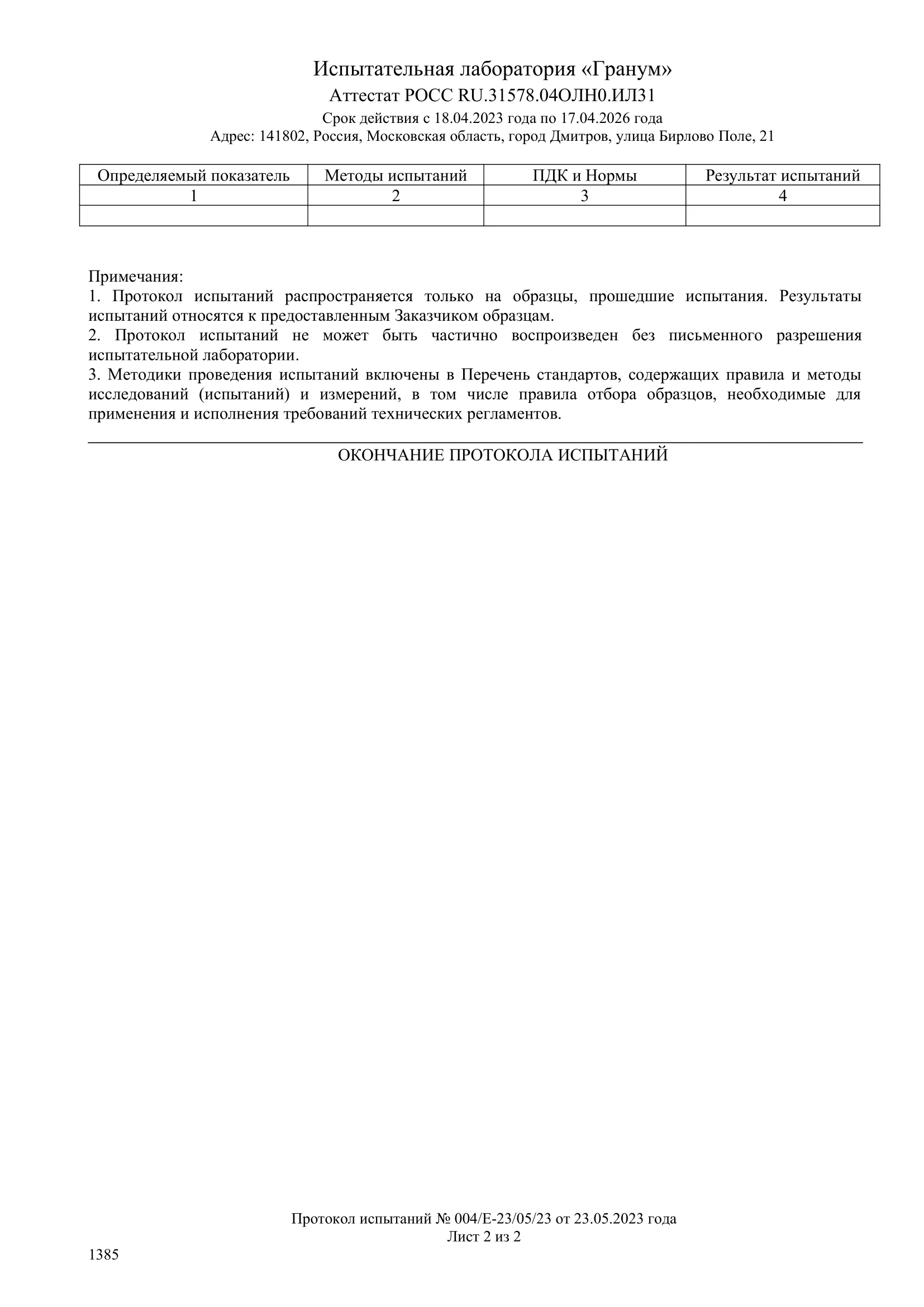 Протокол испытаний